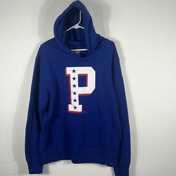 🔥🏀 Vintage PHILADELPHIA 76ers NBA Logo HOODIE SWEATSHIRT ‘47 Brand Sz Lg - EUC - Picture 1 of 10